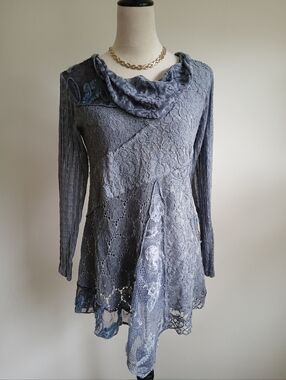 This And That-Long Sleeve Blouse-Lace/Embroidered-Cowl Neck-Size Small
